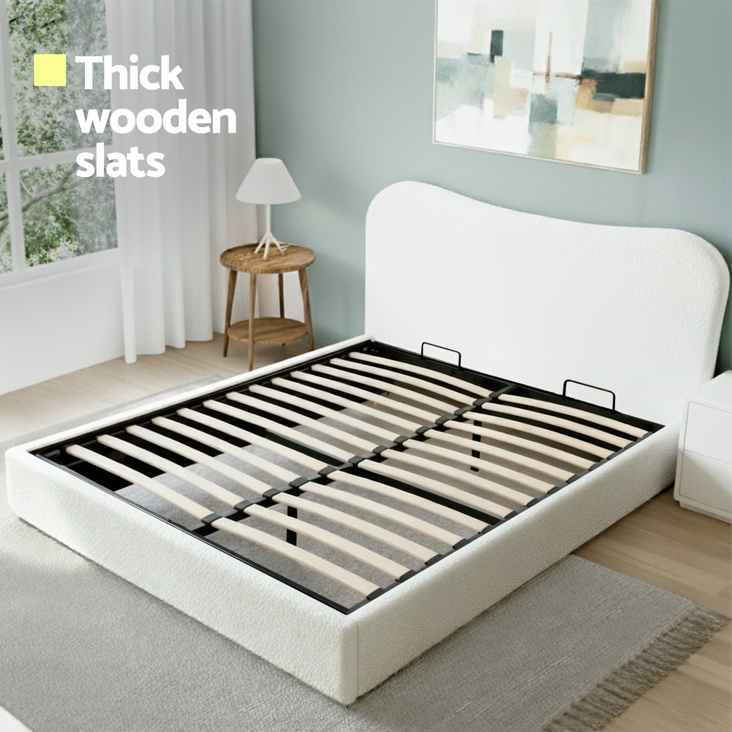 Double Bed Frame with Gaslift Storage Wooden Platform Mattress Base Boucle Upholstered White