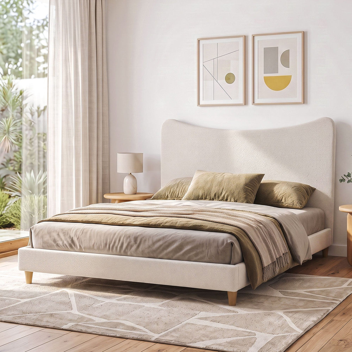 Artiss King Bed Frame with Curved Boucle Headboard, Pine Slat Base 300kg, Beige