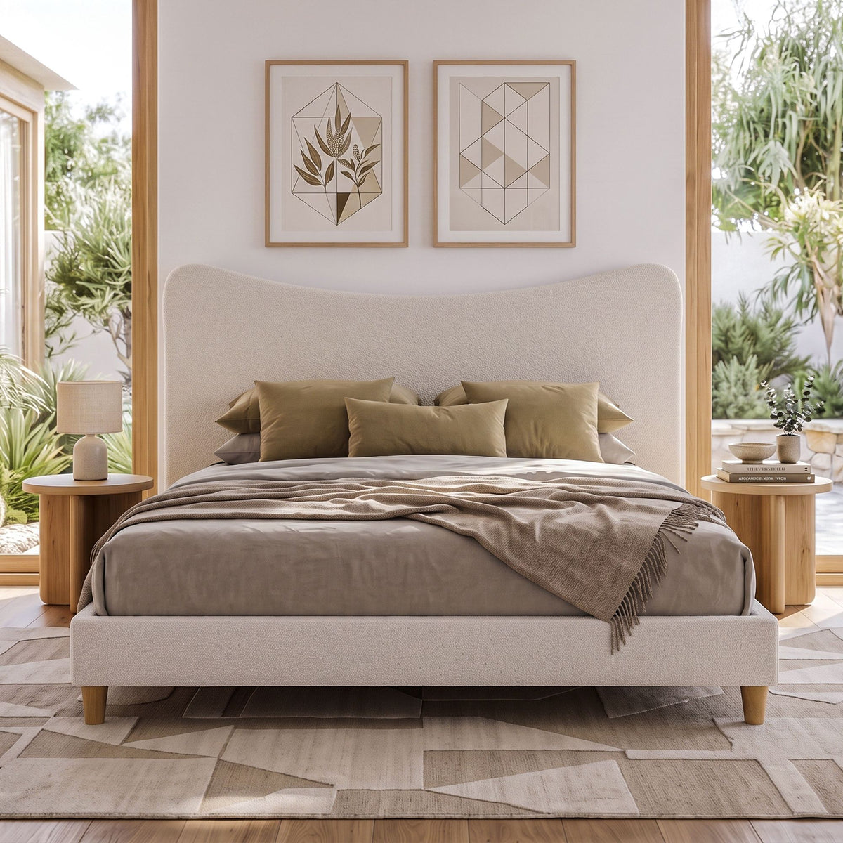 Artiss King Bed Frame with Curved Boucle Headboard, Pine Slat Base 300kg, Beige