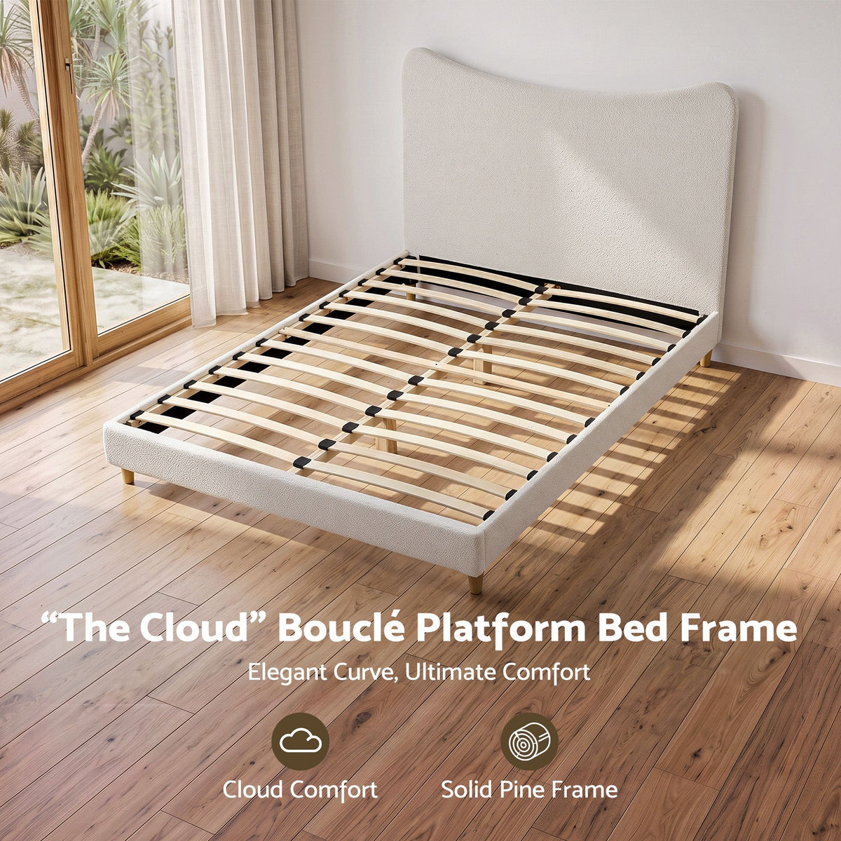 Queen Bed Frame with Boucle Headboard, Beige, 300kg Capacity