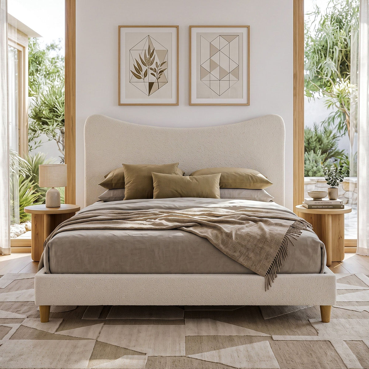Queen Bed Frame with Boucle Headboard, Beige, 300kg Capacity