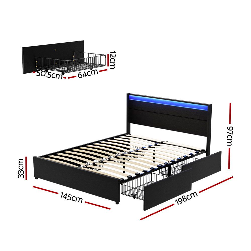 Bed Frame Double Size LED with 4 Drawers Black DUNN