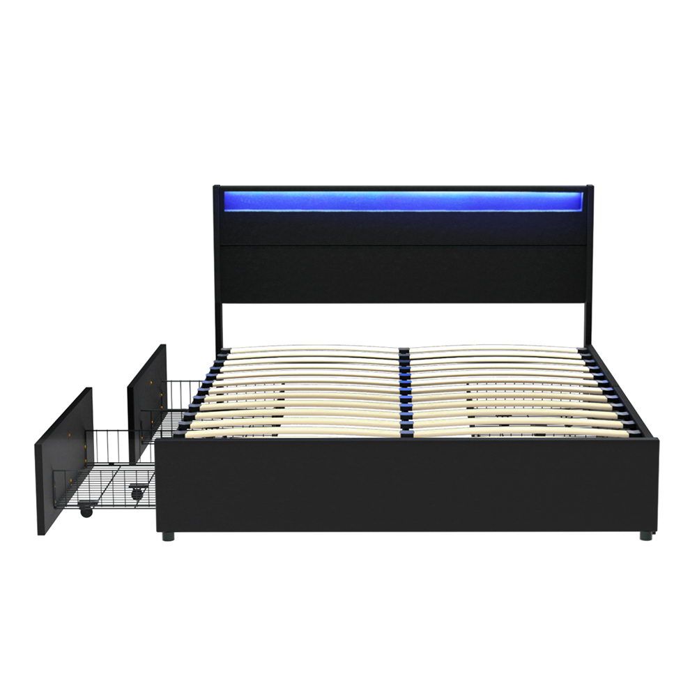 Bed Frame Double Size LED with 4 Drawers Black DUNN