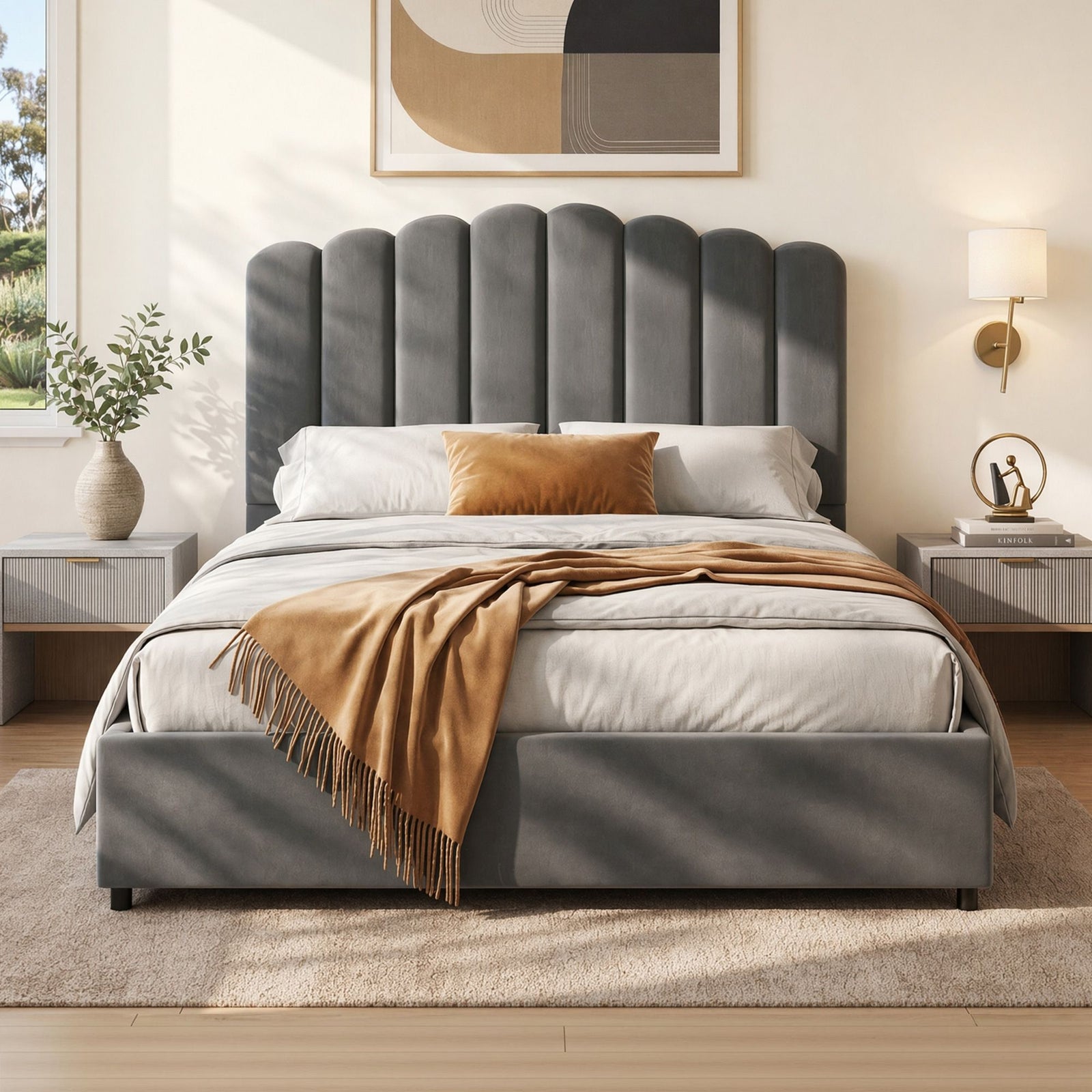 Bed Frame Double Size Velvet Grey FION