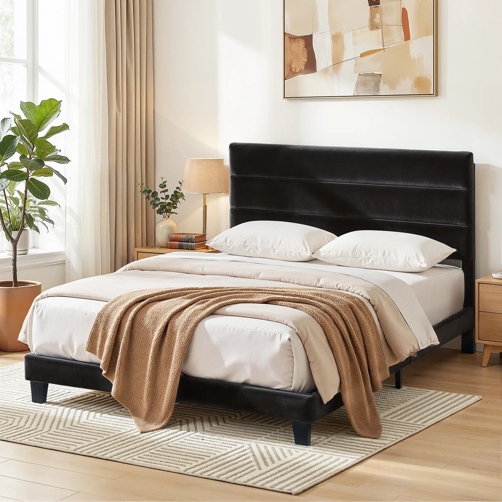 Double Bed Frame Upholstered Platform Base with Geometric Headboard Black Velvet
