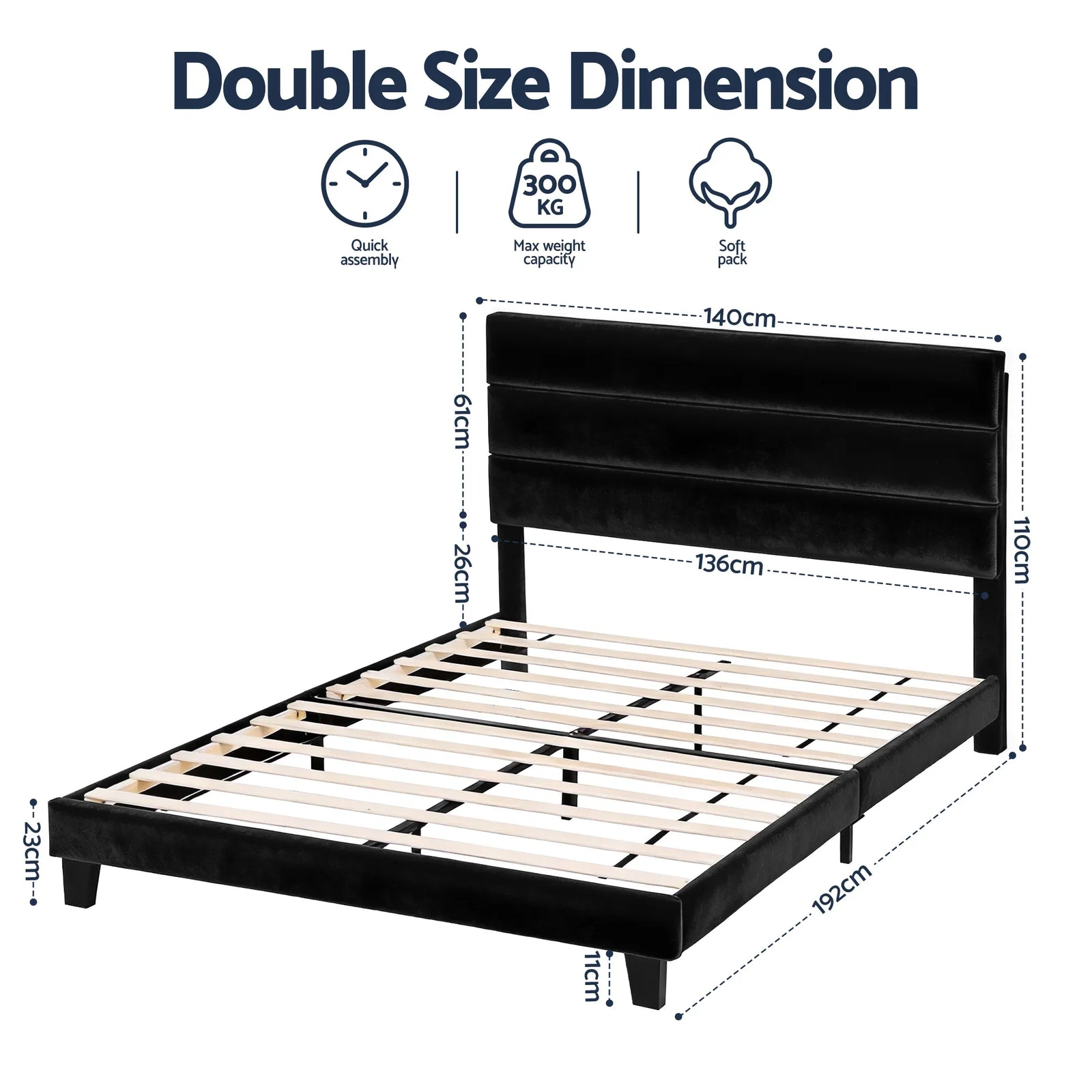 Double Bed Frame Upholstered Platform Base with Geometric Headboard Black Velvet