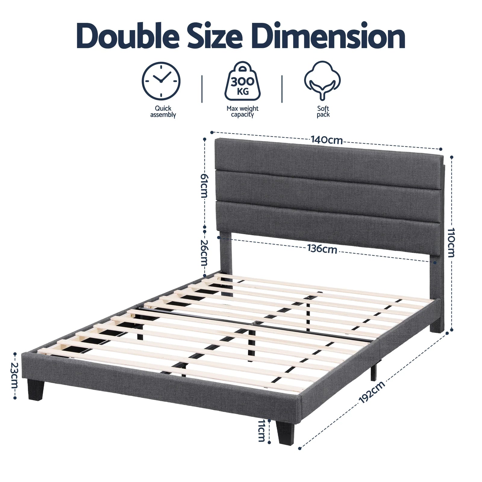 Double Bed Frame Upholstered Platform Base with Geometric Headboard Charcoal Grey Linen Wood Slats for Modern Bedroom Furniture Home Decor