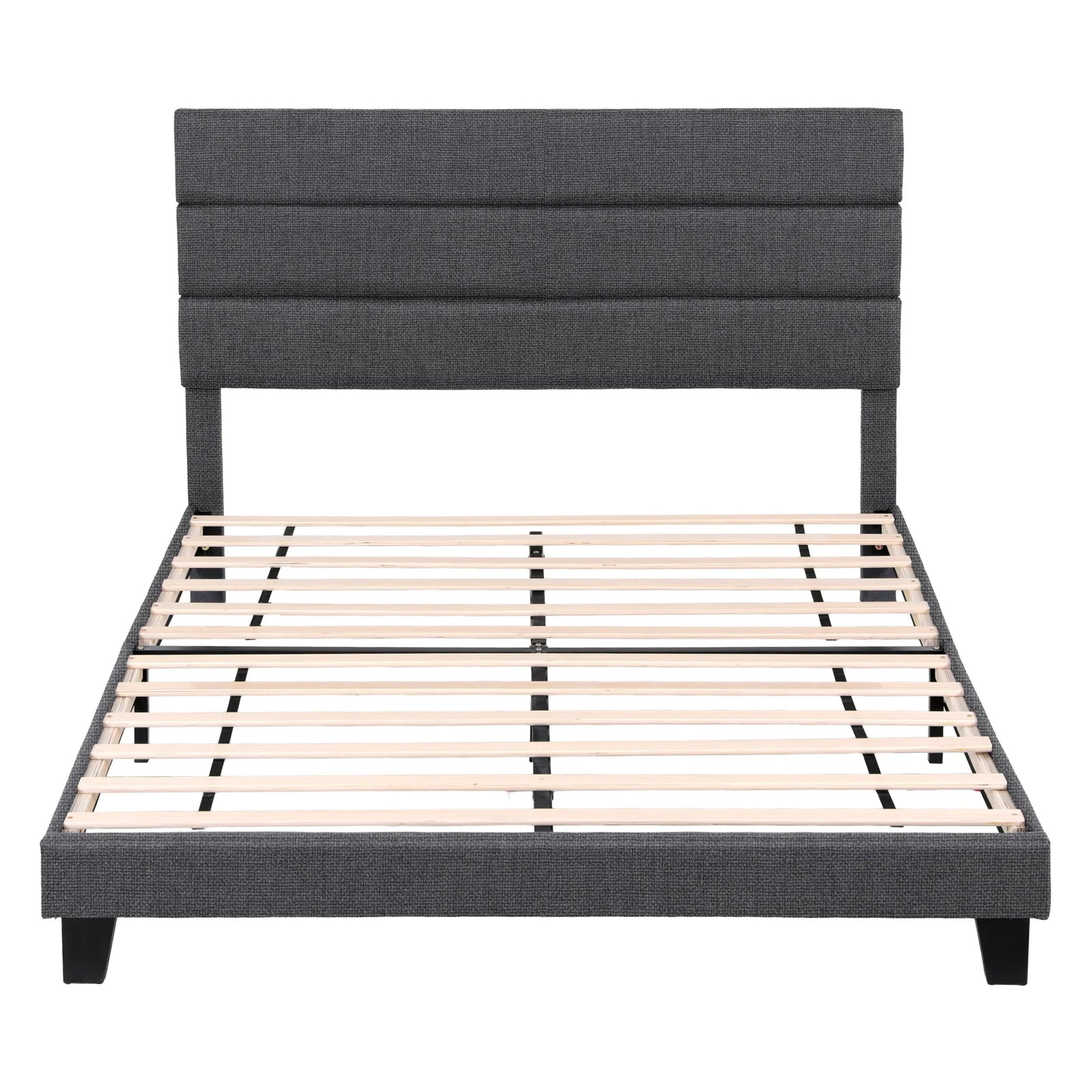 Double Bed Frame Upholstered Platform Base with Geometric Headboard Charcoal Grey Linen Wood Slats for Modern Bedroom Furniture Home Decor