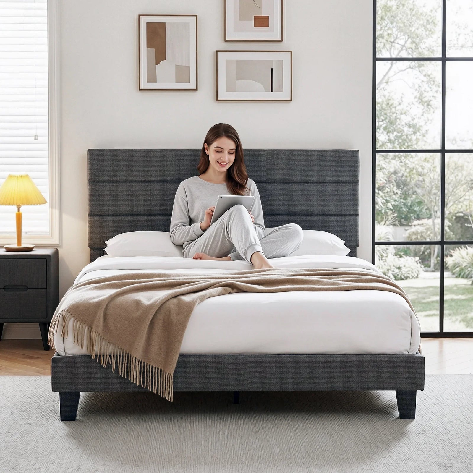 Double Bed Frame Upholstered Platform Base with Geometric Headboard Charcoal Grey Linen Wood Slats for Modern Bedroom Furniture Home Decor