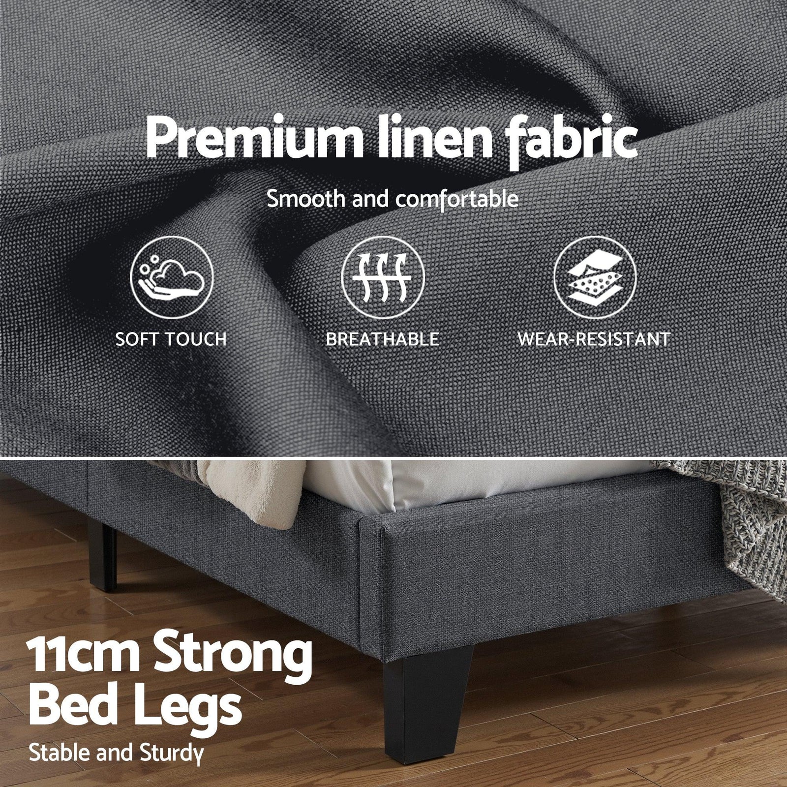 Double Bed Frame Upholstered Platform Base with Geometric Headboard Charcoal Grey Linen Wood Slats for Modern Bedroom Furniture Home Decor