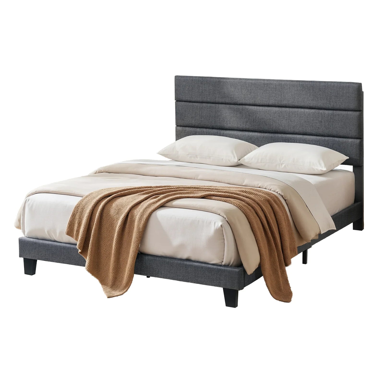 Double Bed Frame Upholstered Platform Base with Geometric Headboard Charcoal Grey Linen Wood Slats for Modern Bedroom Furniture Home Decor