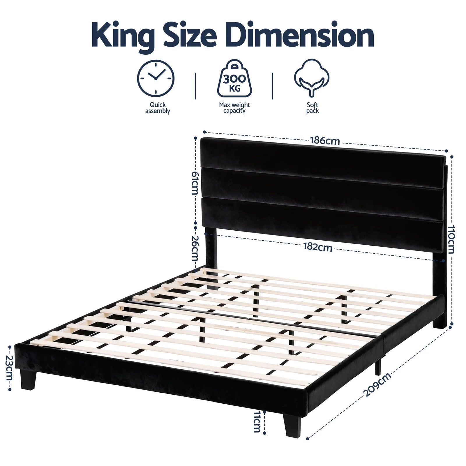 King Bed Frame Upholstered Platform Base with Geometric Headboard Black Velvet