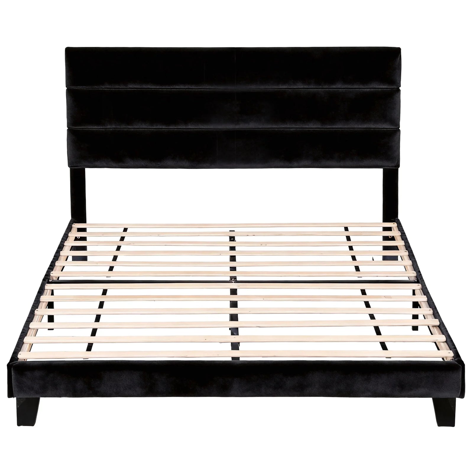 King Bed Frame Upholstered Platform Base with Geometric Headboard Black Velvet