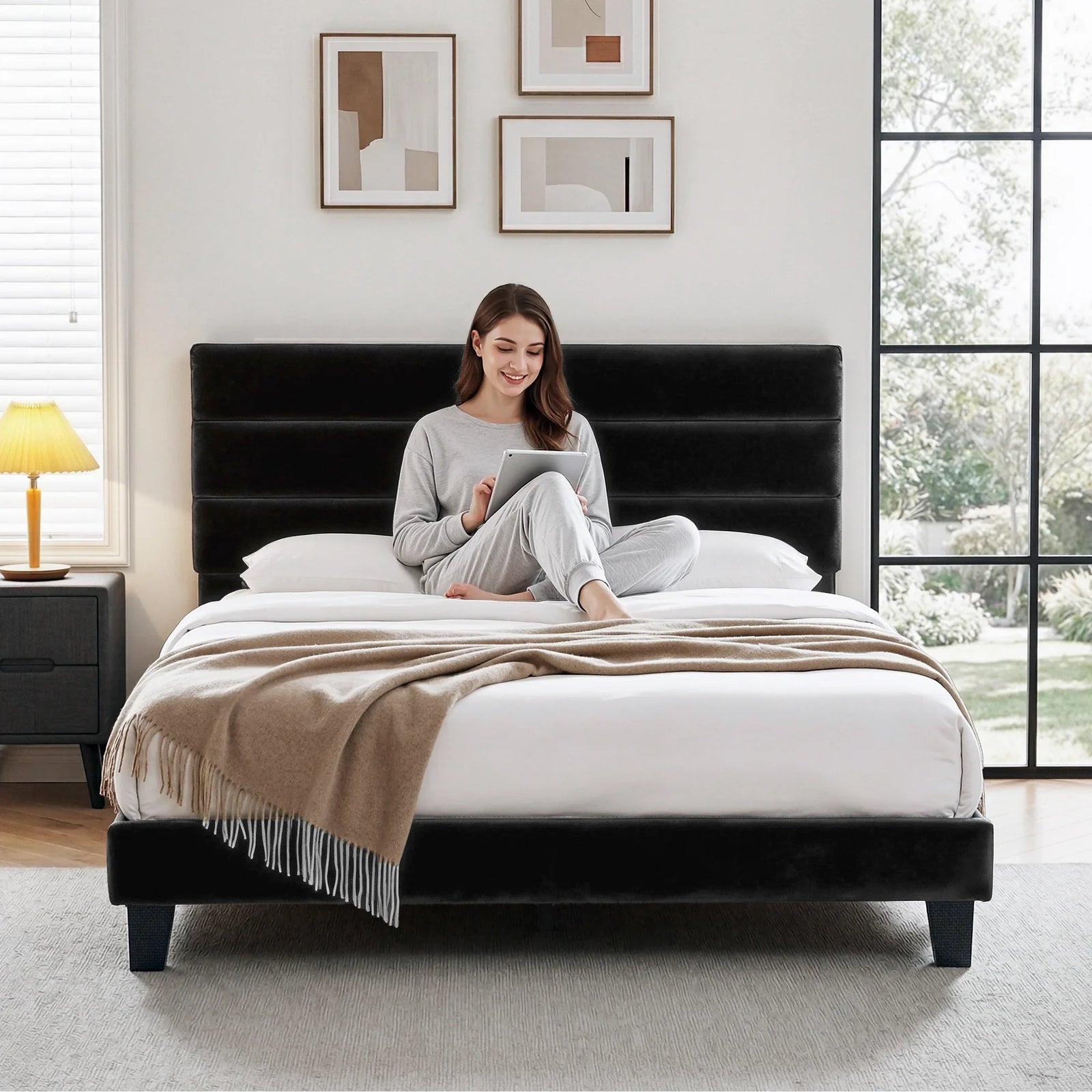 King Bed Frame Upholstered Platform Base with Geometric Headboard Black Velvet
