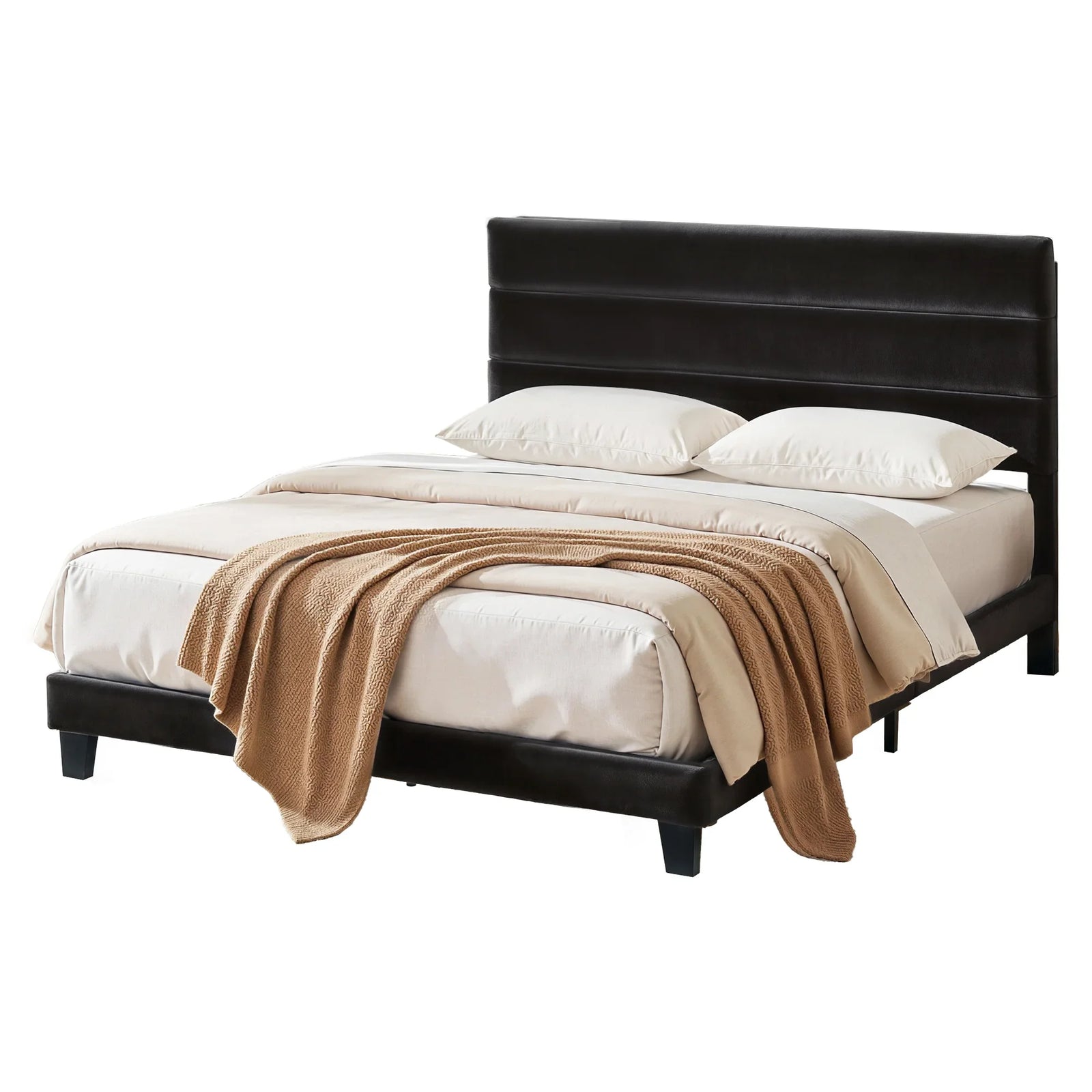 King Bed Frame Upholstered Platform Base with Geometric Headboard Black Velvet