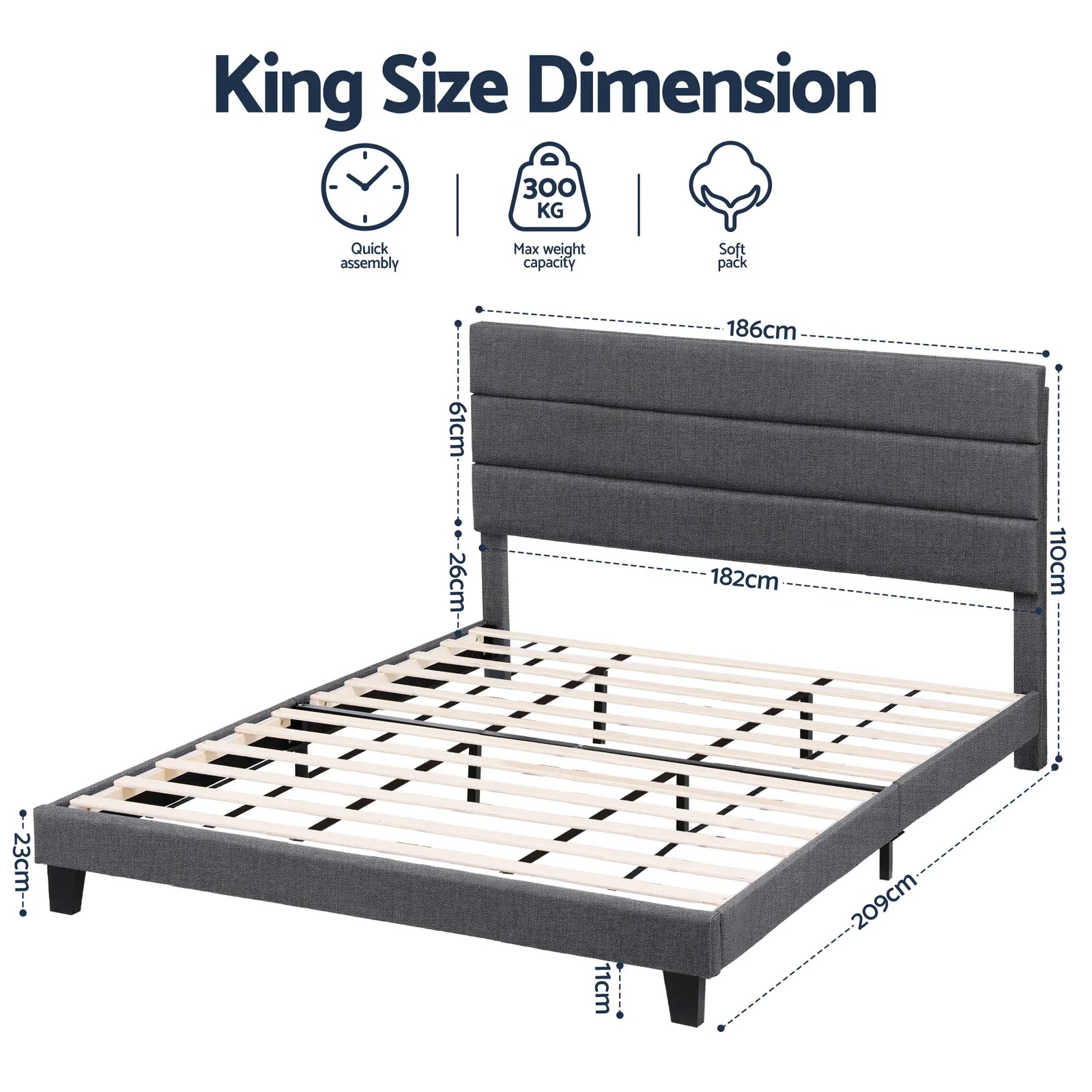 King Bed Frame Upholstered Platform Base with Geometric Headboard Charcoal Grey Linen Wood Slats for Modern Bedroom Furniture Home Decor