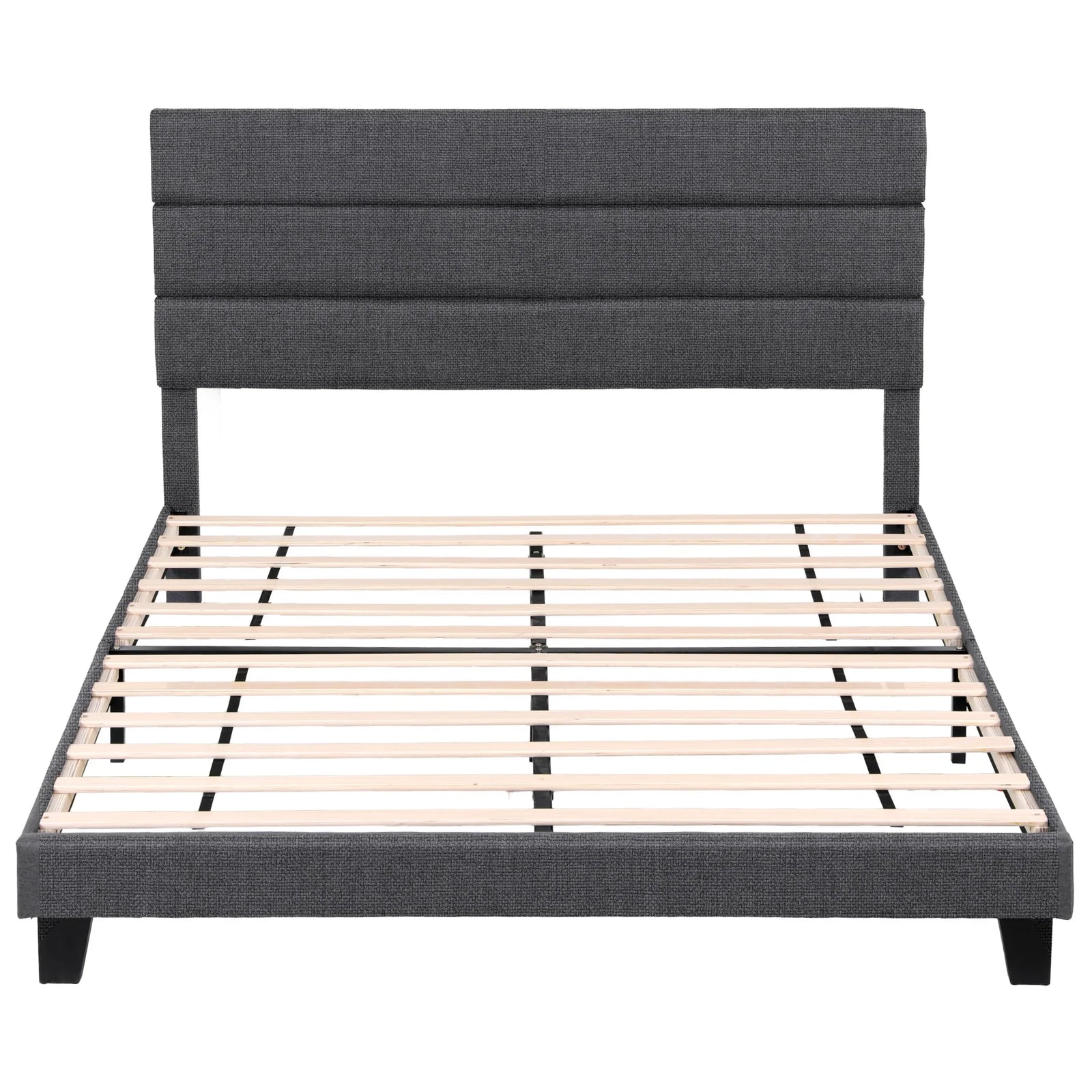 King Bed Frame Upholstered Platform Base with Geometric Headboard Charcoal Grey Linen Wood Slats for Modern Bedroom Furniture Home Decor