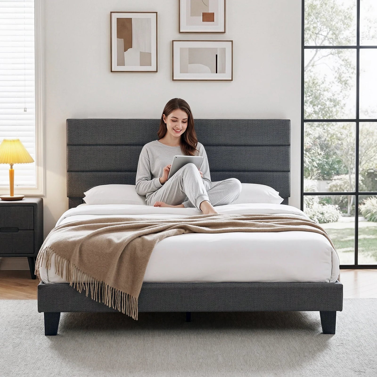 King Bed Frame Upholstered Platform Base with Geometric Headboard Charcoal Grey Linen Wood Slats for Modern Bedroom Furniture Home Decor