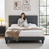 King Bed Frame Upholstered Platform Base with Geometric Headboard Charcoal Grey Linen Wood Slats for Modern Bedroom Furniture Home Decor