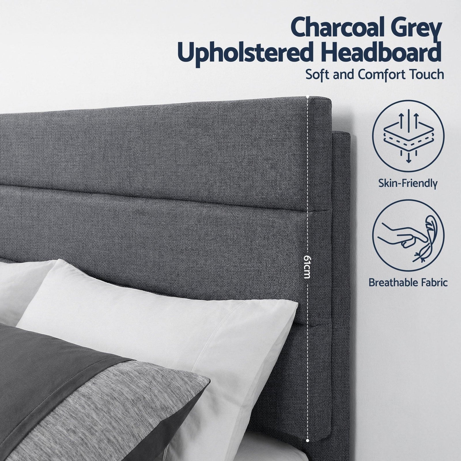 King Bed Frame Upholstered Platform Base with Geometric Headboard Charcoal Grey Linen Wood Slats for Modern Bedroom Furniture Home Decor