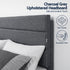King Bed Frame Upholstered Platform Base with Geometric Headboard Charcoal Grey Linen Wood Slats for Modern Bedroom Furniture Home Decor