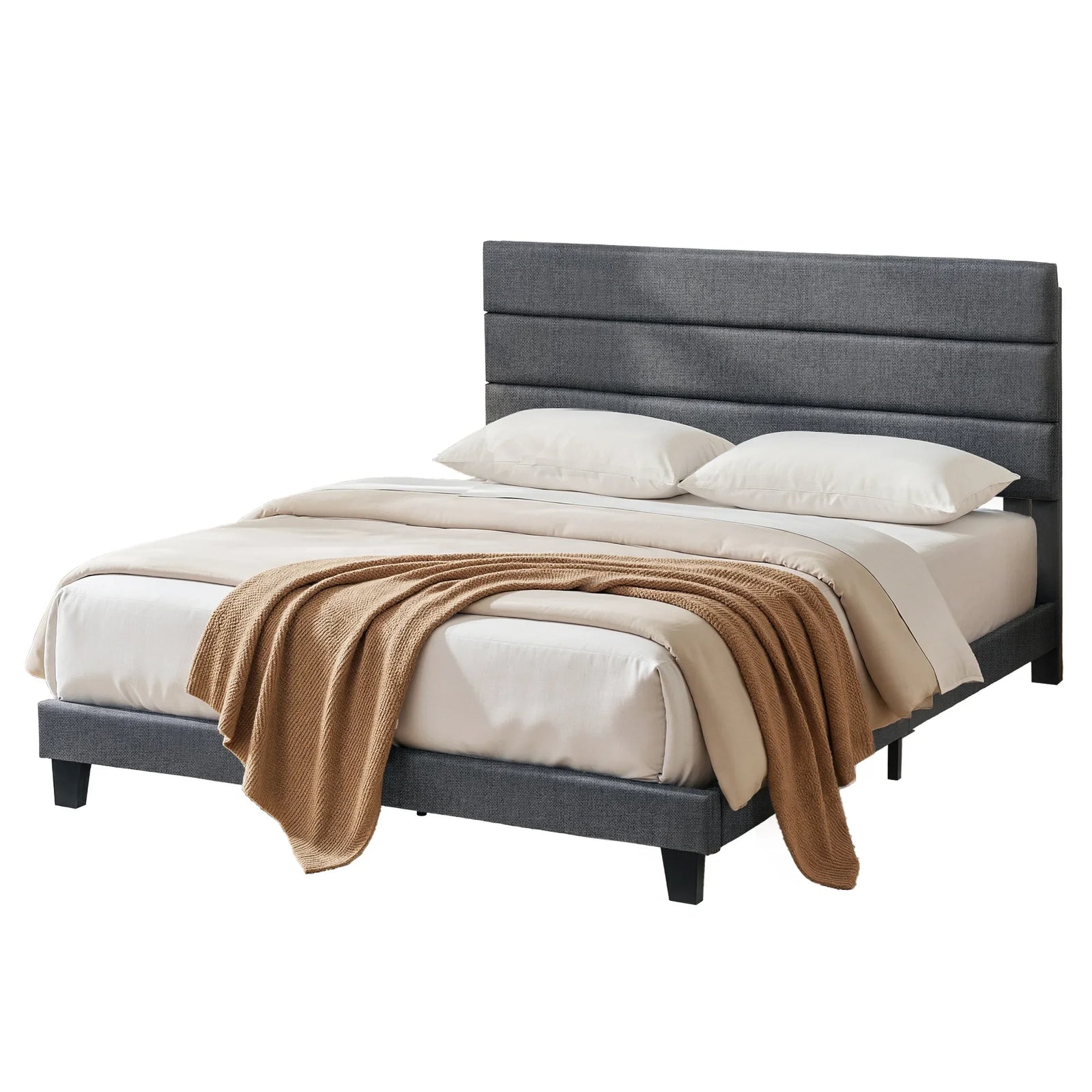 King Bed Frame Upholstered Platform Base with Geometric Headboard Charcoal Grey Linen Wood Slats for Modern Bedroom Furniture Home Decor