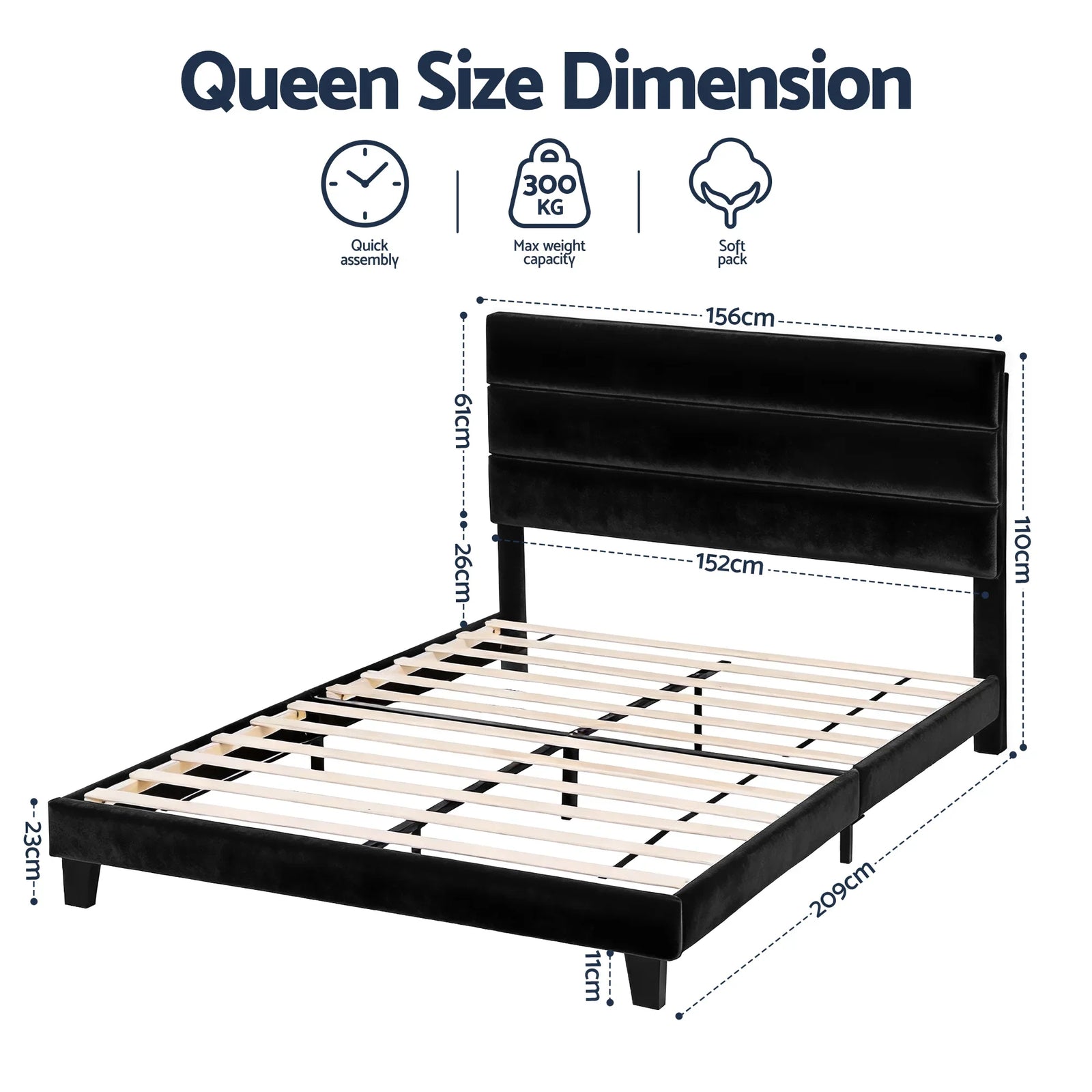 Queen Bed Frame Upholstered Platform Base with Geometric Headboard Black Velvet