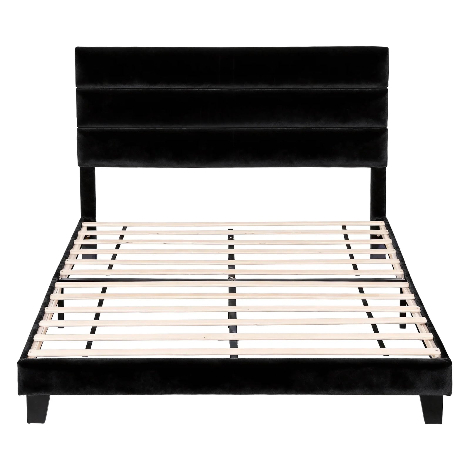 Queen Bed Frame Upholstered Platform Base with Geometric Headboard Black Velvet