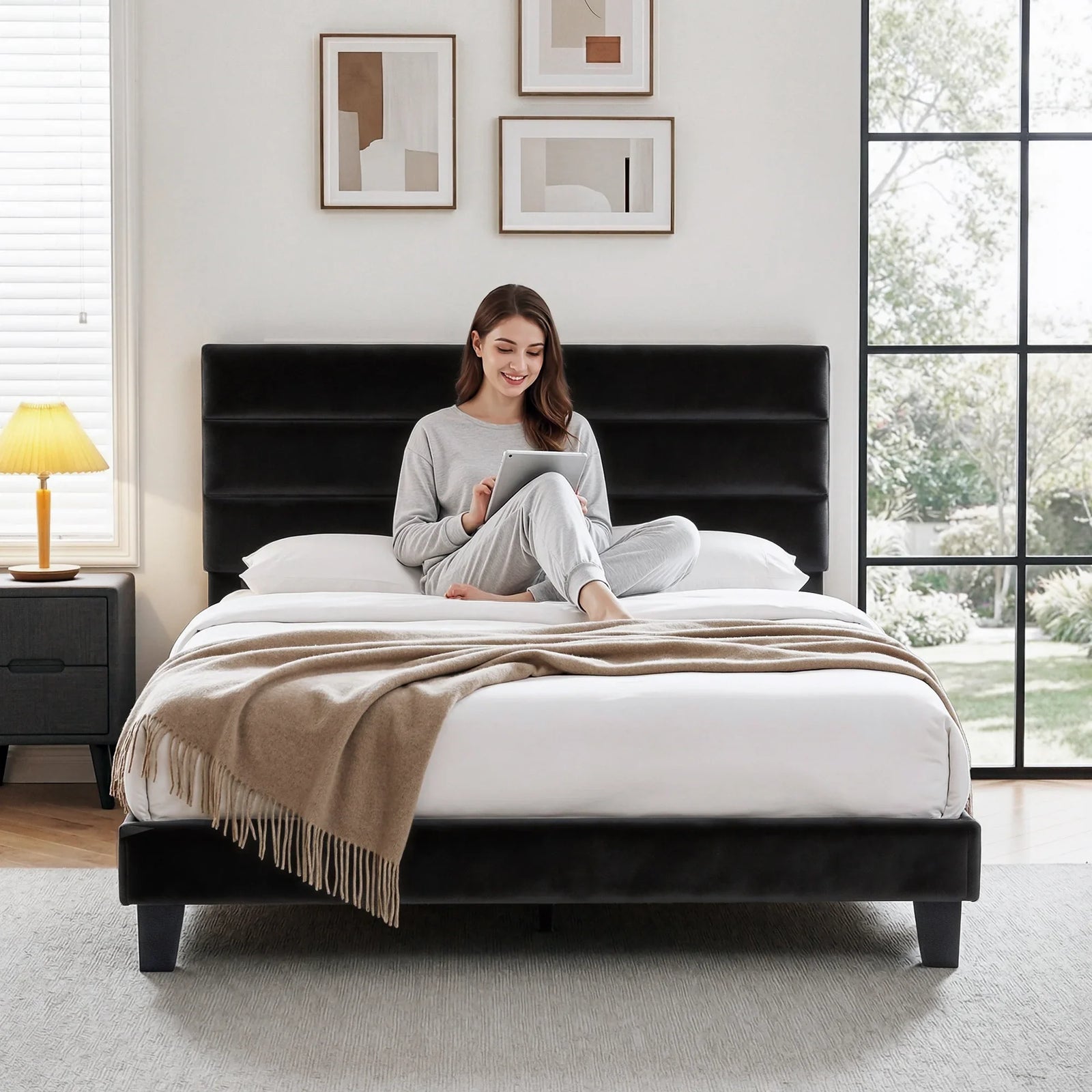 Queen Bed Frame Upholstered Platform Base with Geometric Headboard Black Velvet