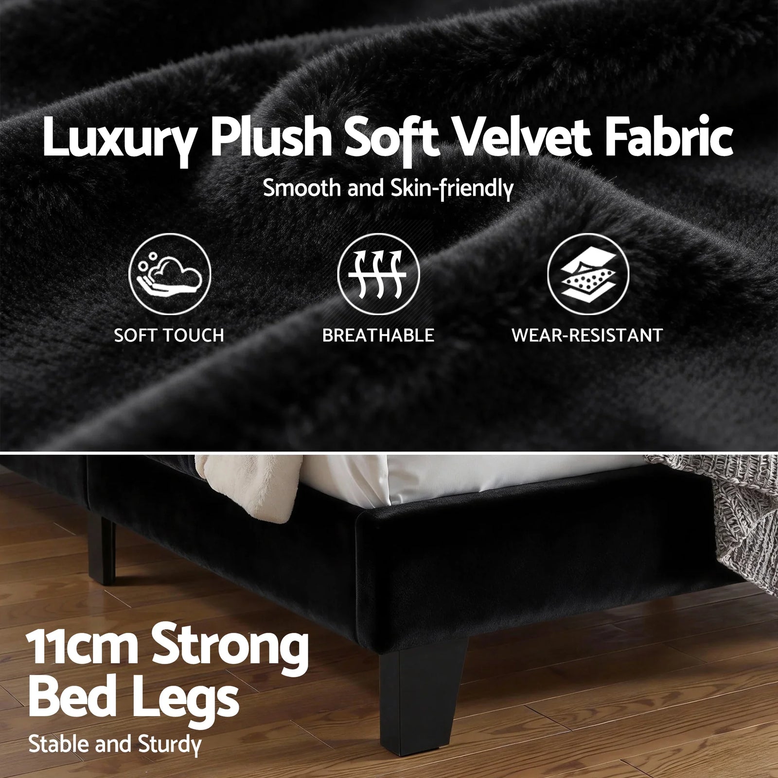 Queen Bed Frame Upholstered Platform Base with Geometric Headboard Black Velvet