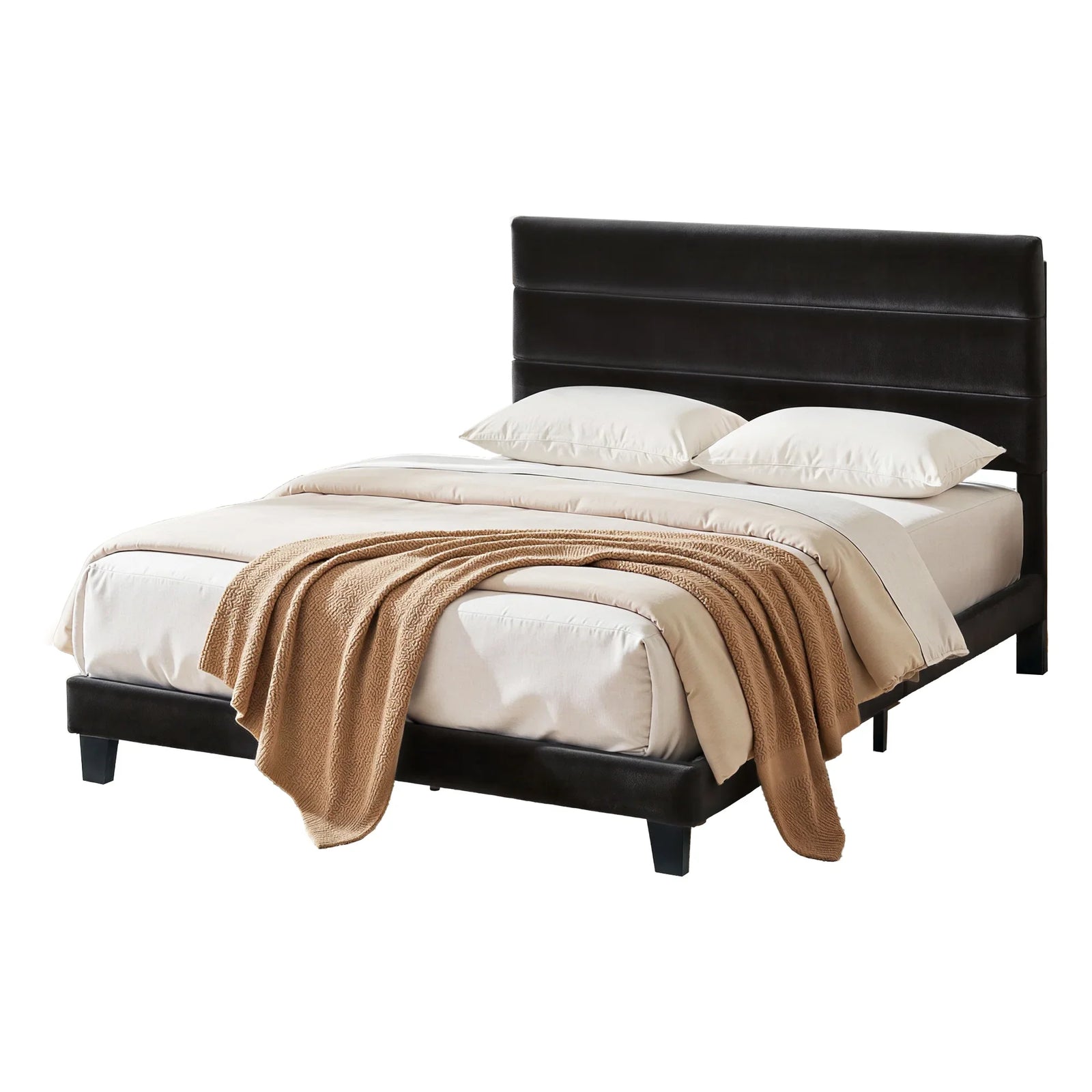 Queen Bed Frame Upholstered Platform Base with Geometric Headboard Black Velvet
