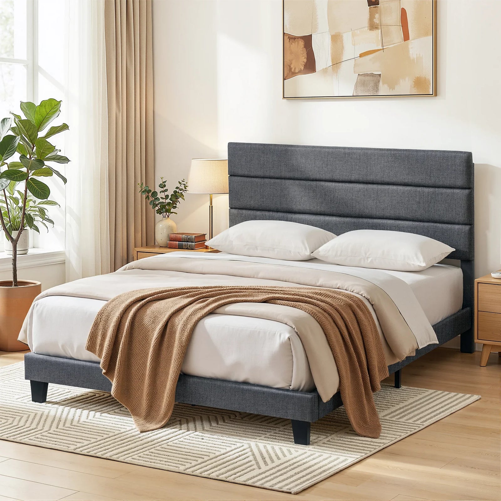 Queen Bed Frame Upholstered Platform Base with Geometric Headboard Charcoal Grey Linen Wood Slats for Modern Bedroom Furniture Home Decor