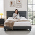 Queen Bed Frame Upholstered Platform Base with Geometric Headboard Charcoal Grey Linen Wood Slats for Modern Bedroom Furniture Home Decor
