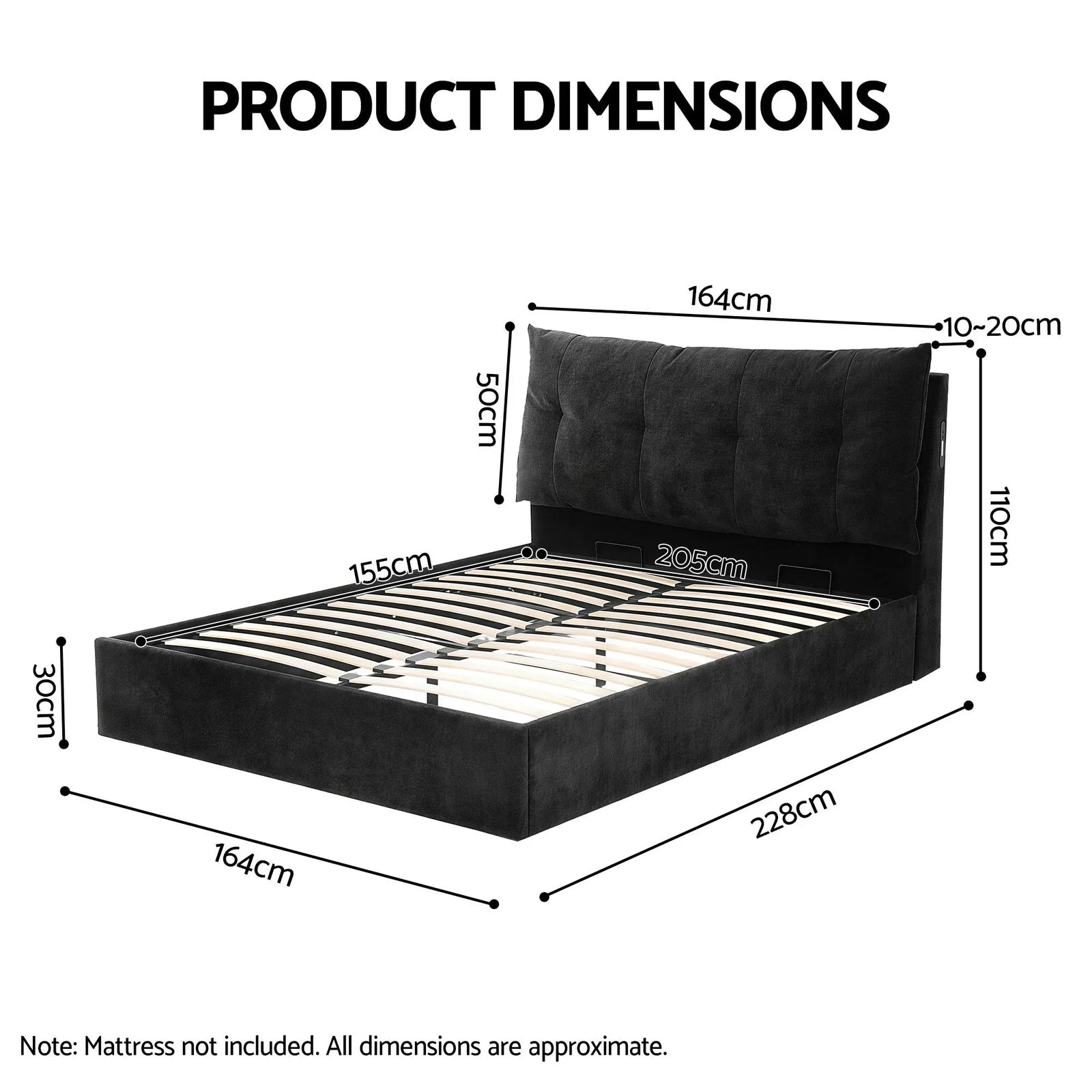 Queen Bed Frame with Horizontal Gas Lift Storage with LED Light USB Type-C Charging Station Black Velvet