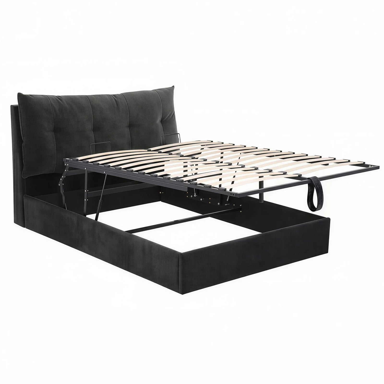 Queen Bed Frame with Horizontal Gas Lift Storage with LED Light USB Type-C Charging Station Black Velvet
