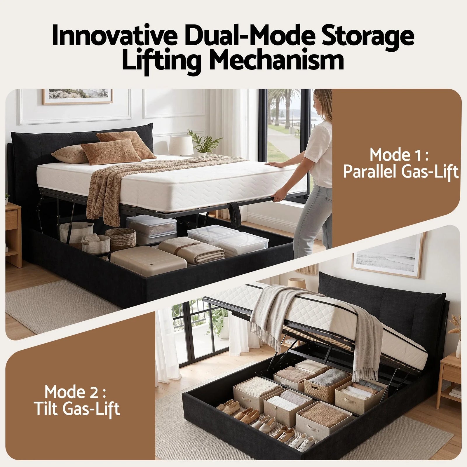Queen Bed Frame with Horizontal Gas Lift Storage with LED Light USB Type-C Charging Station Black Velvet
