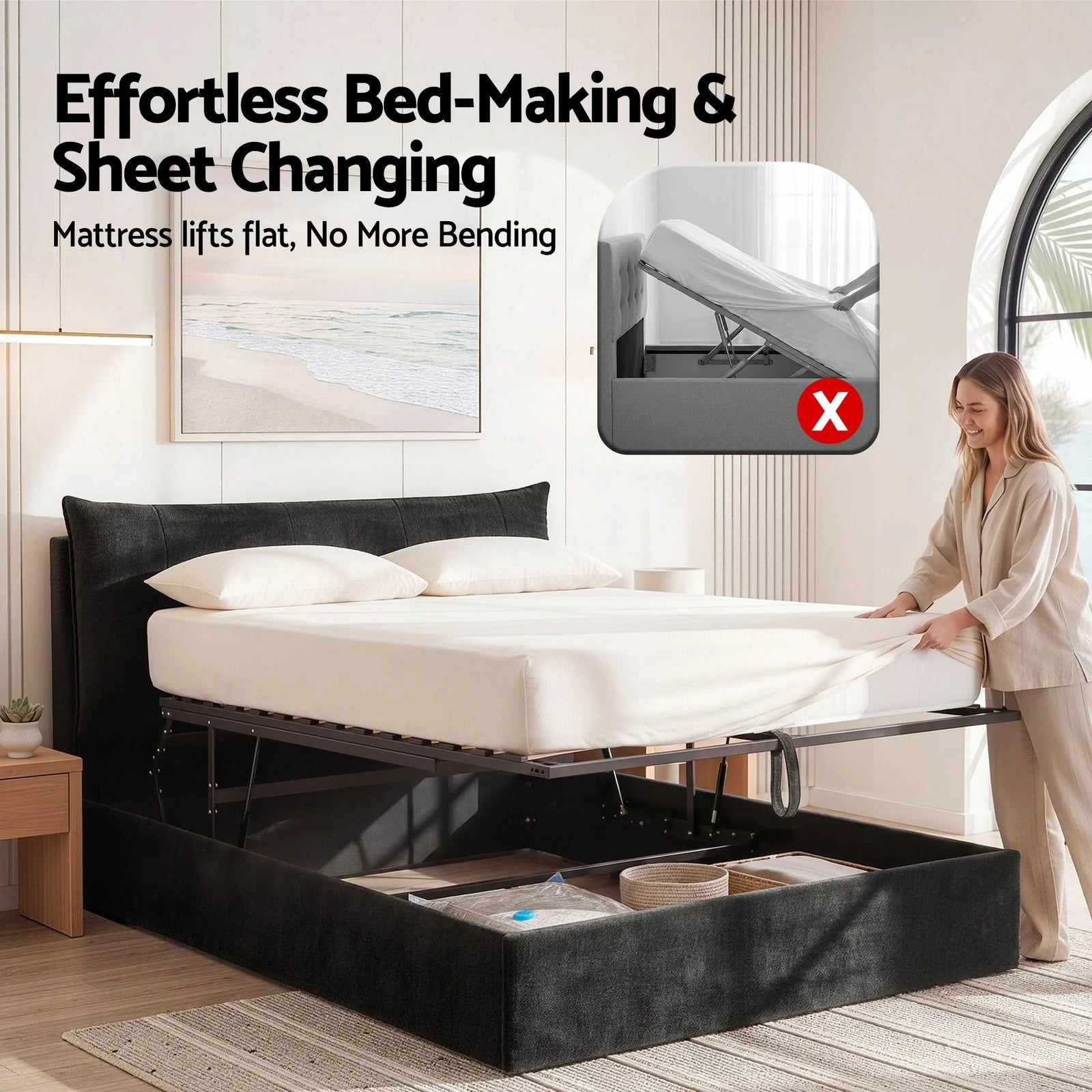 Queen Bed Frame with Horizontal Gas Lift Storage with LED Light USB Type-C Charging Station Black Velvet
