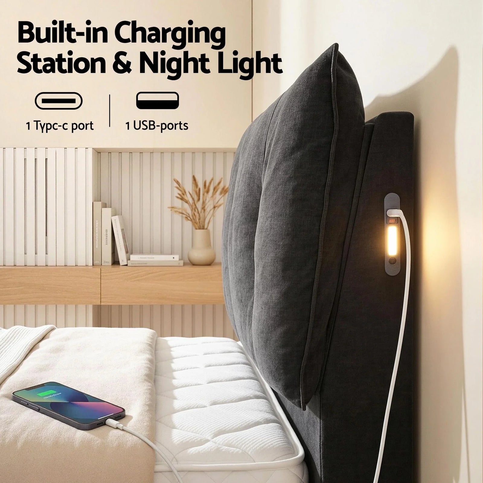 Queen Bed Frame with Horizontal Gas Lift Storage with LED Light USB Type-C Charging Station Black Velvet