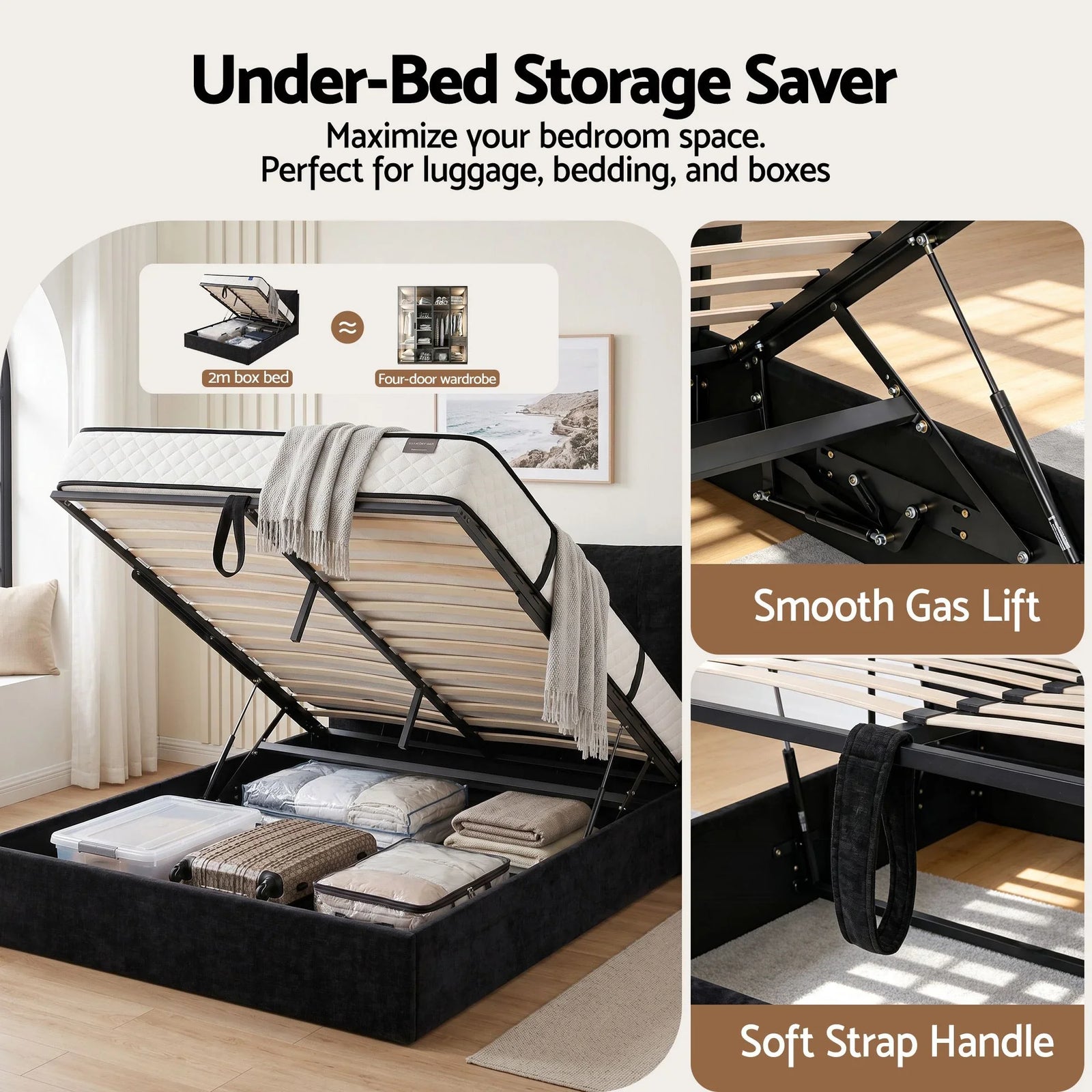 Queen Bed Frame with Horizontal Gas Lift Storage with LED Light USB Type-C Charging Station Black Velvet