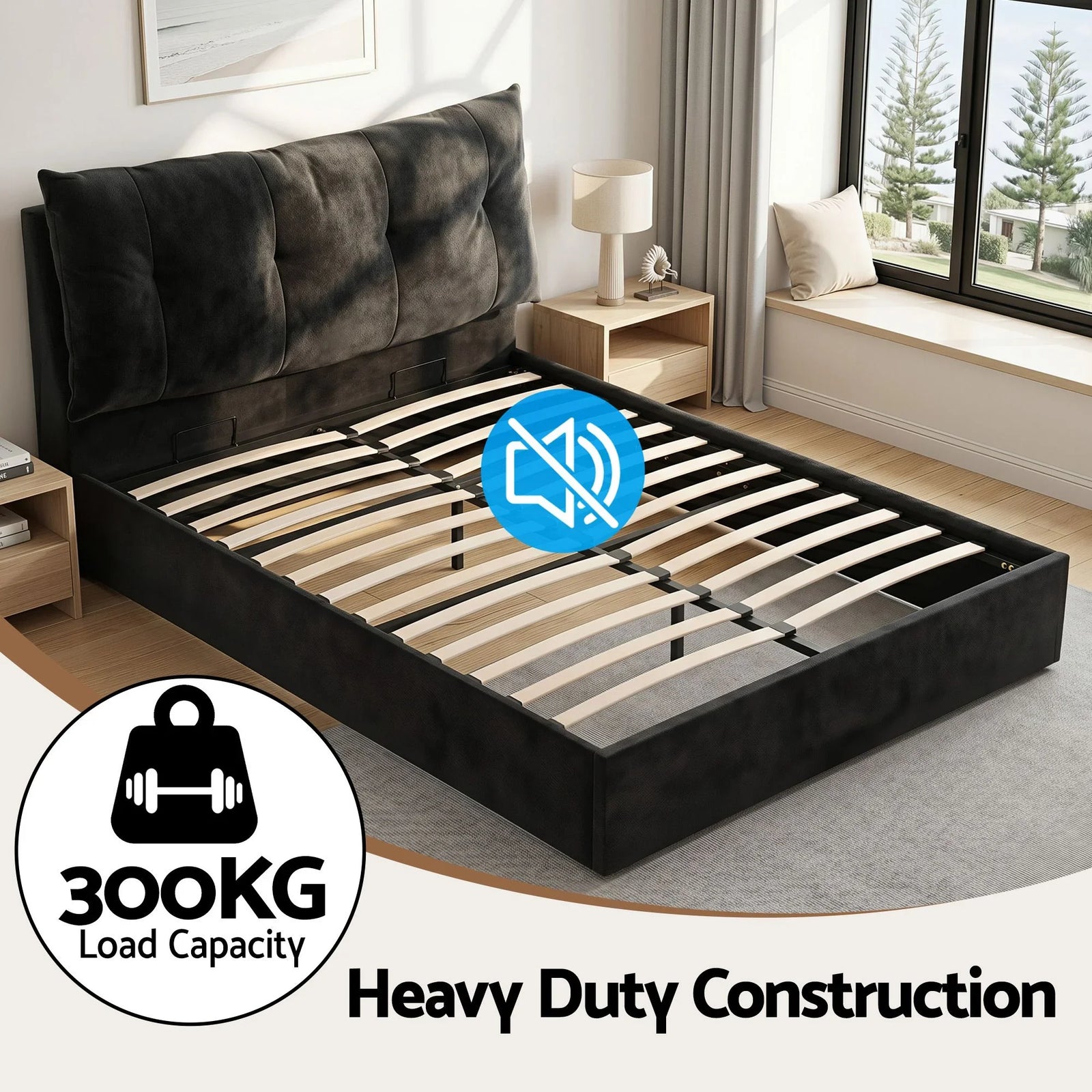 Queen Bed Frame with Horizontal Gas Lift Storage with LED Light USB Type-C Charging Station Black Velvet
