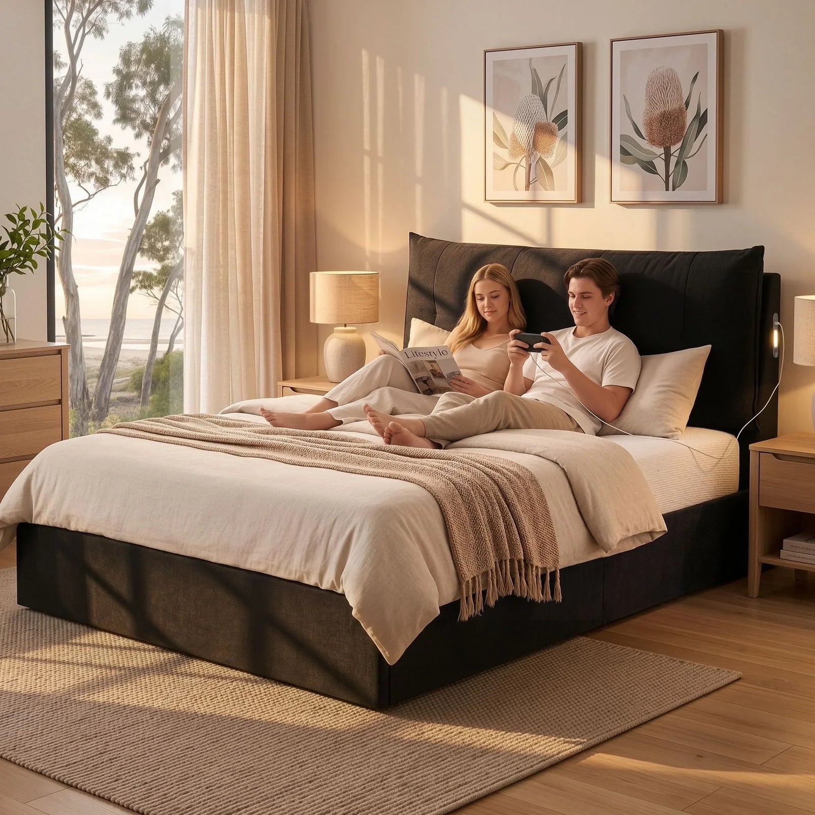 Queen Bed Frame with Horizontal Gas Lift Storage with LED Light USB Type-C Charging Station Black Velvet