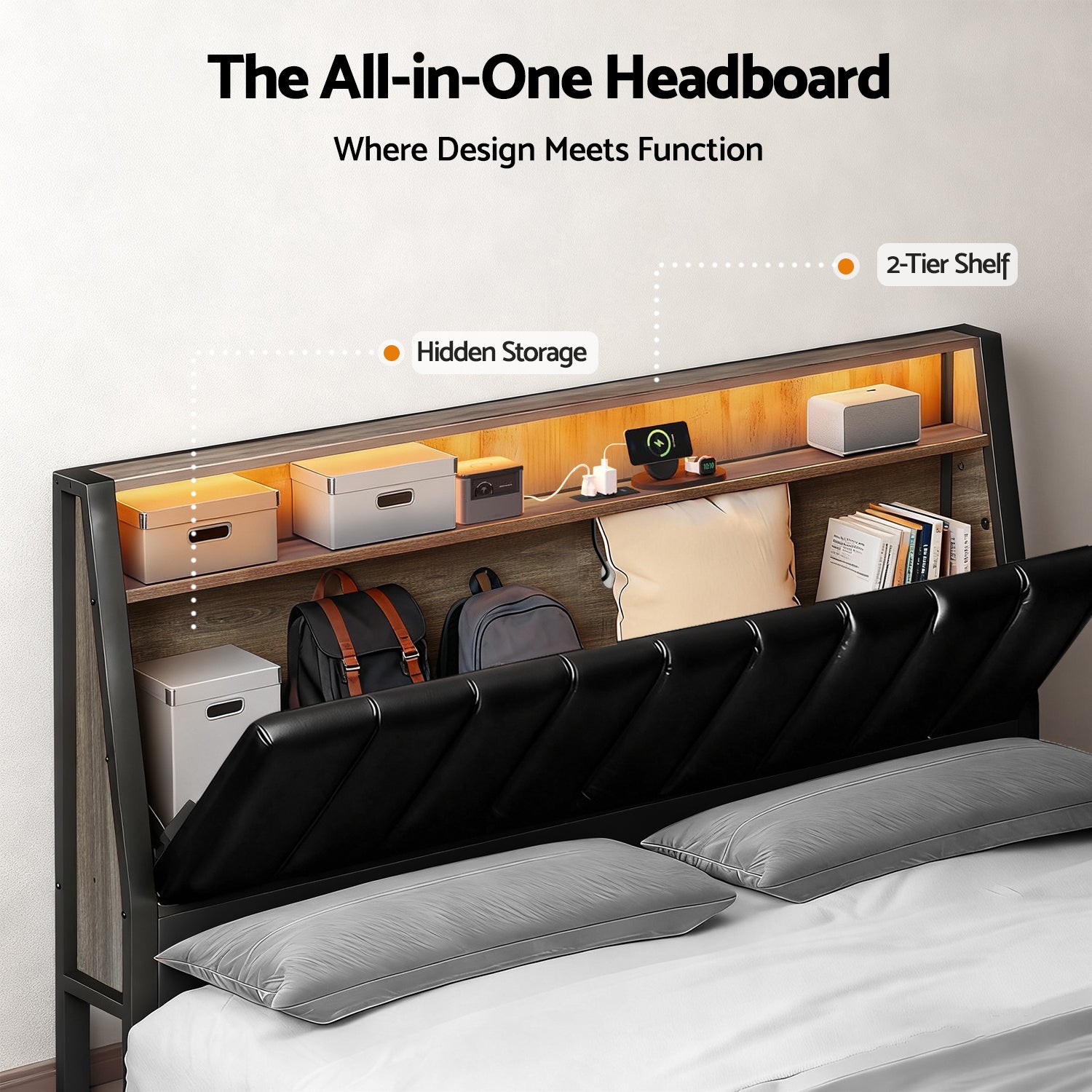 Double Bed Frame LED Storage Headboard with Charging Station Black