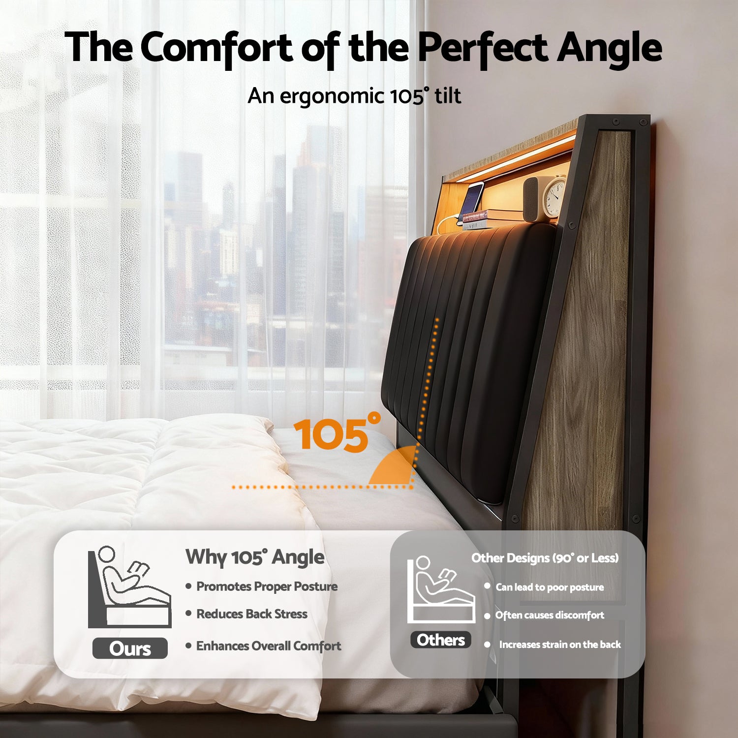 Double Bed Frame LED Storage Headboard with Charging Station Black