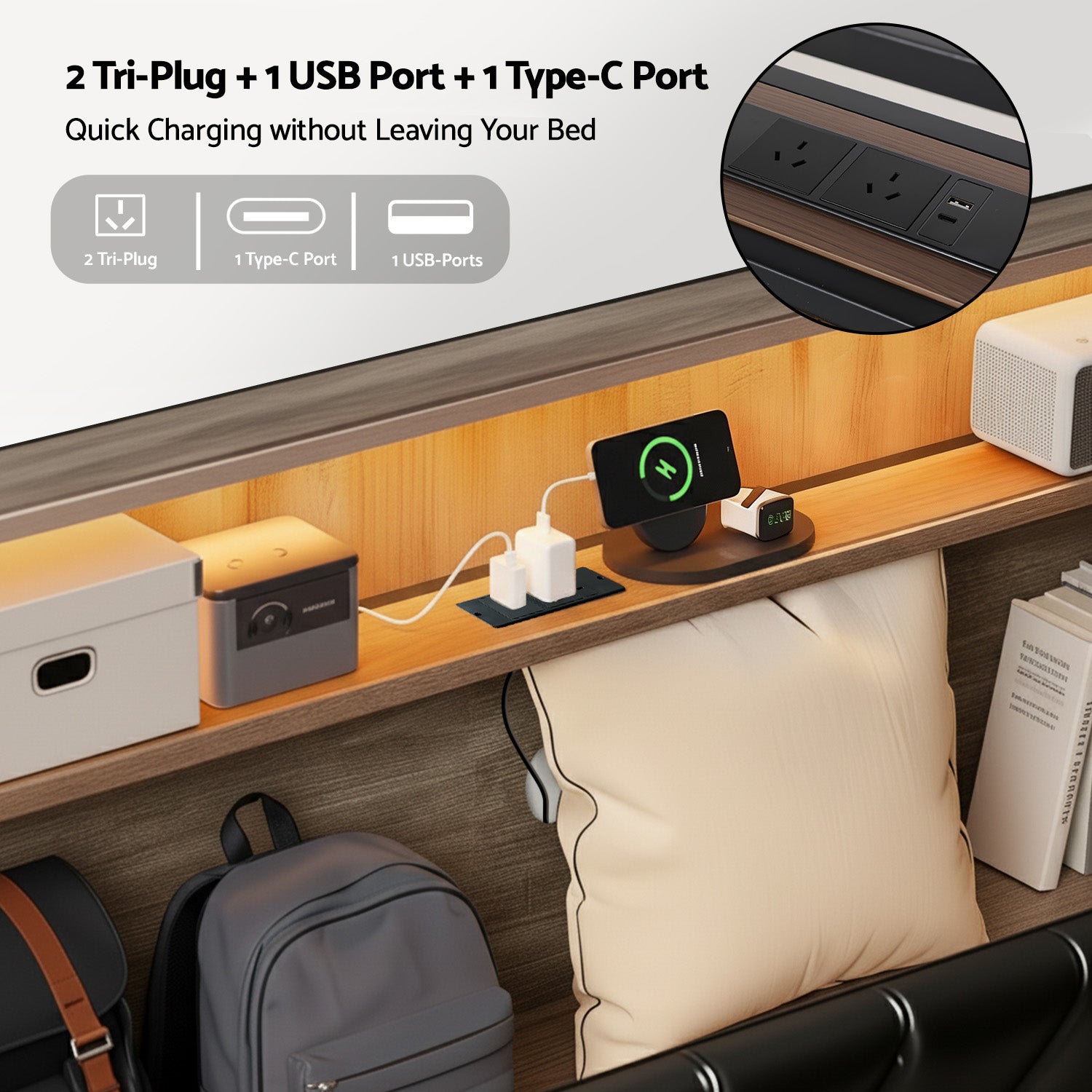 Queen Bed Frame LED Storage Headboard with Charging Station Black