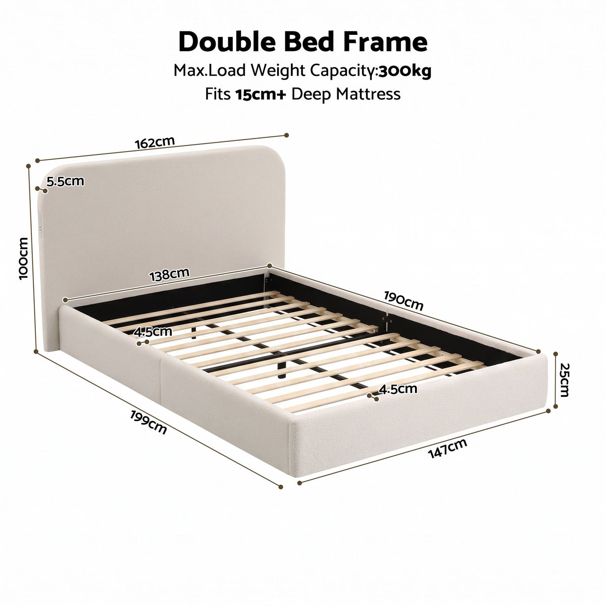 Artiss Double Bed Frame, 100cm Bouclé Headboard, USB-C Charging & Night Lights