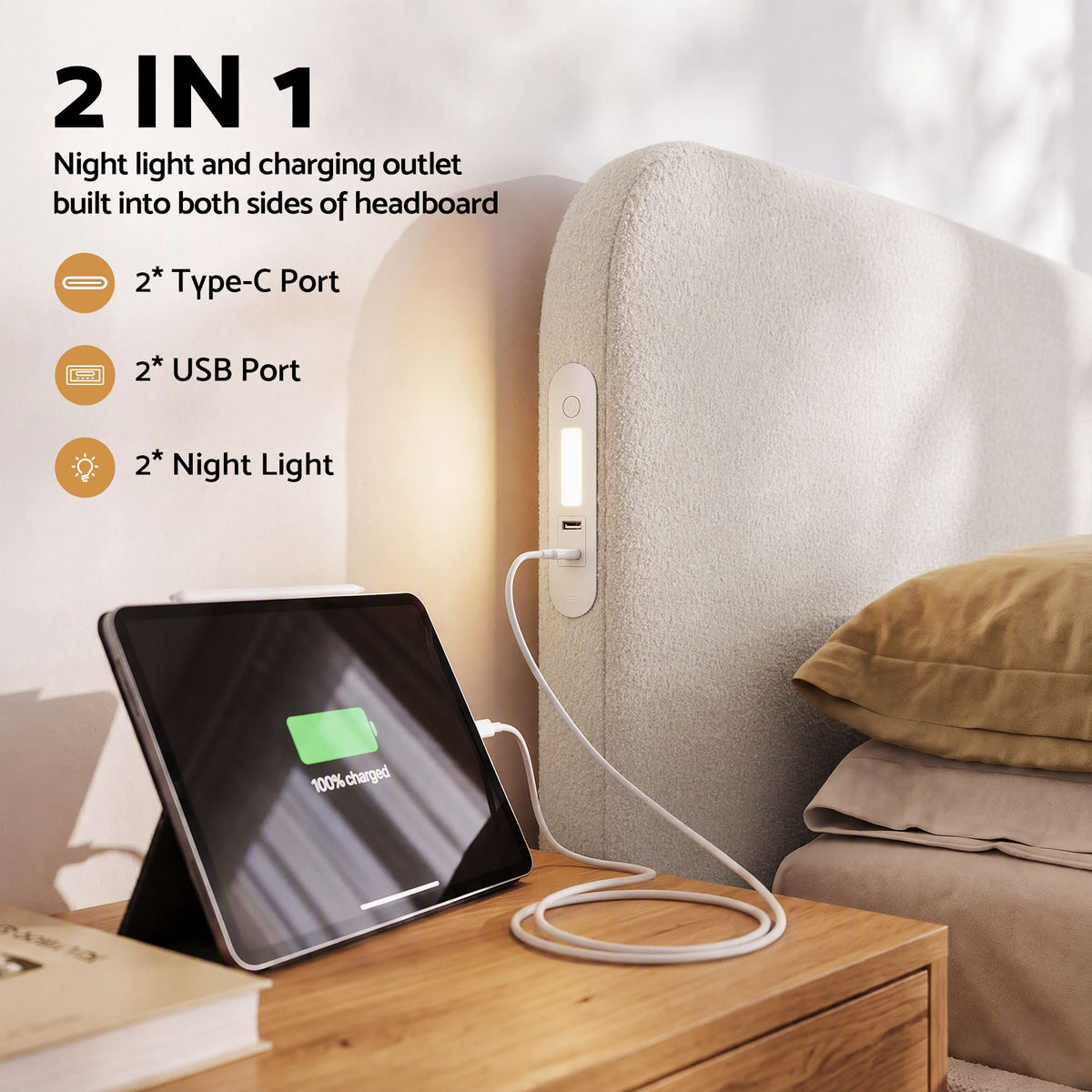 Artiss King Bed Frame with 100cm Bouclé Headboard, USB-C & Night Lights