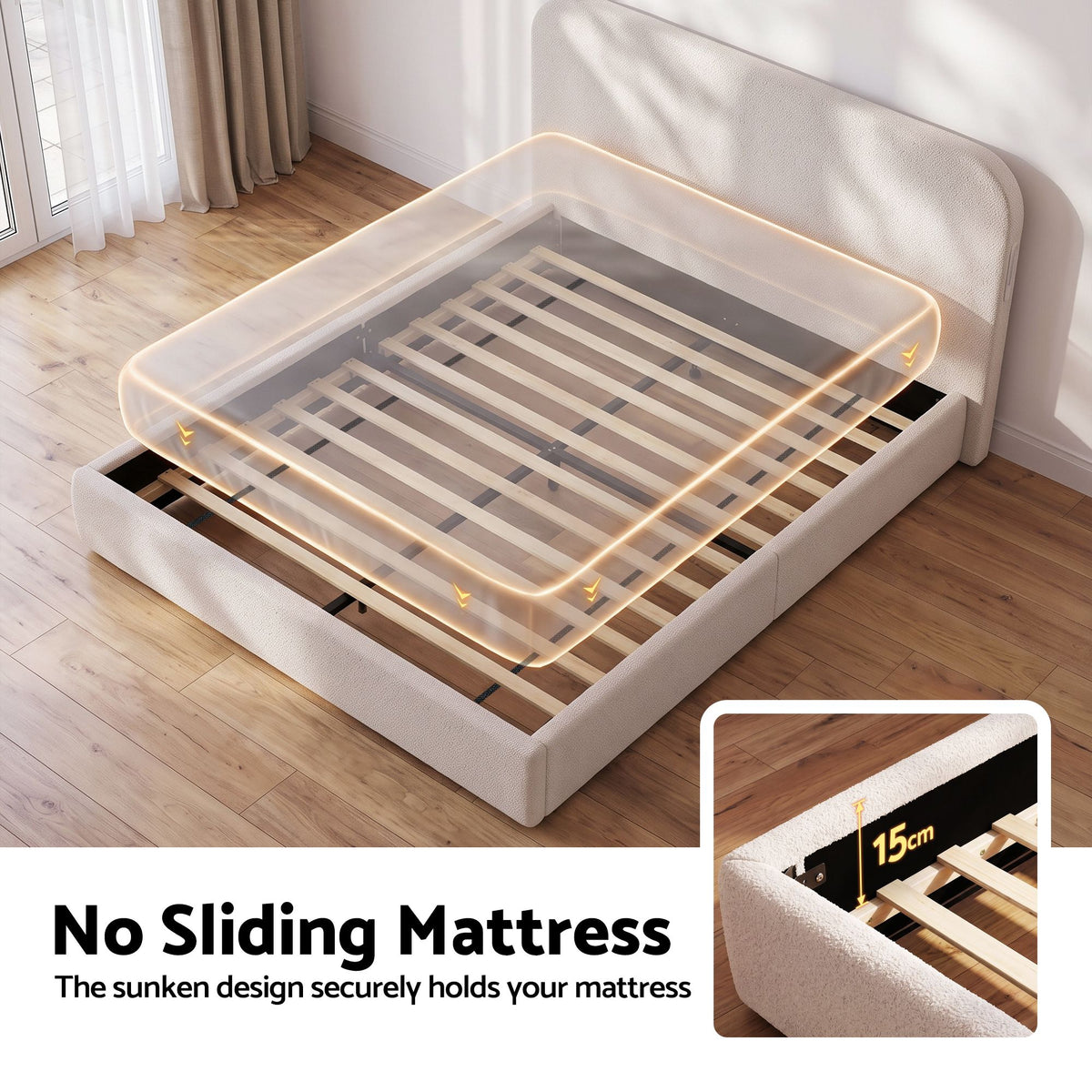 Artiss King Bed Frame with 100cm Bouclé Headboard, USB-C & Night Lights