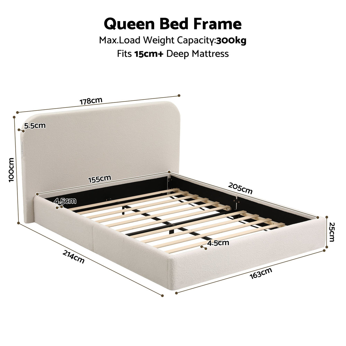 Artiss Queen Bed Frame, 100cm Bouclé Headboard, USB-C Charging & Night Lights