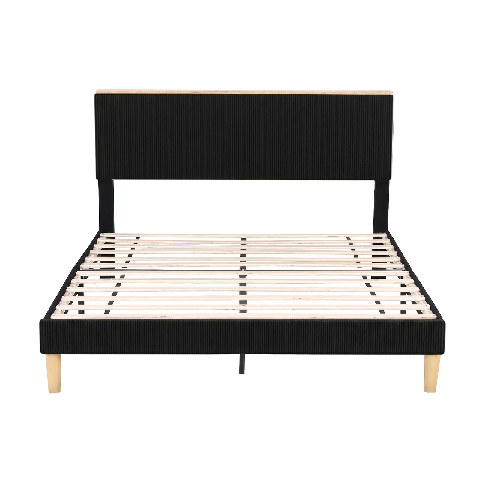 Double Bed Frame Upholstered Adjustable Headboard Mood Lighting Heavy Duty Black Velvet