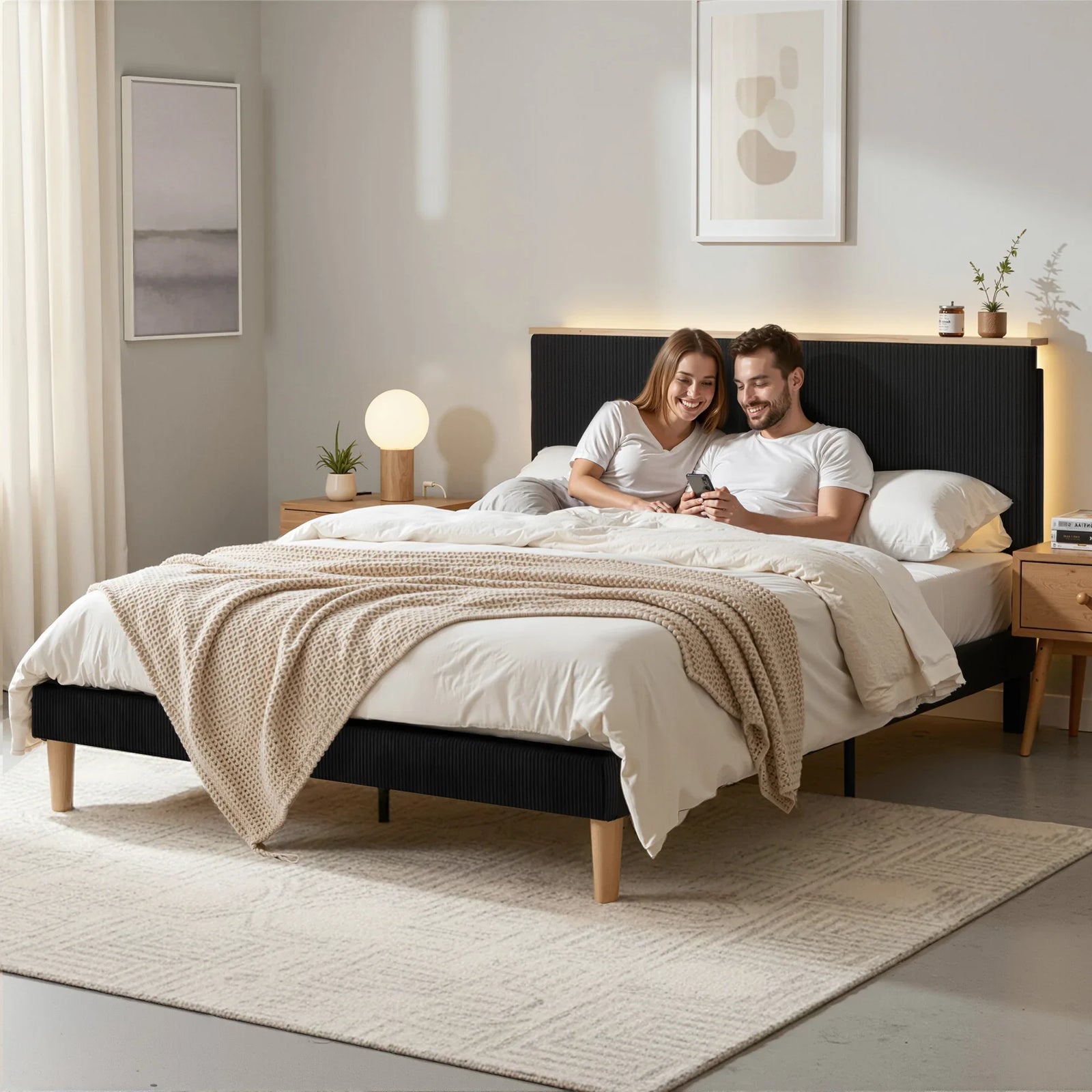 Double Bed Frame Upholstered Adjustable Headboard Mood Lighting Heavy Duty Black Velvet